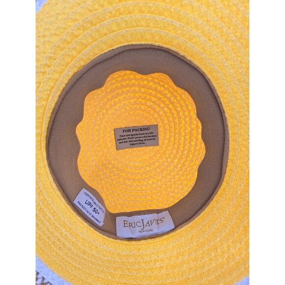 Eric Javits Yellow White Raffia Straw Wicker Sun Hat Wide Brim Beach UPF 50 OS - Picture 6 of 8